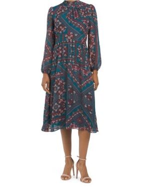 Donna Ricco Teal Floral Midi Dress with Long Sleeves